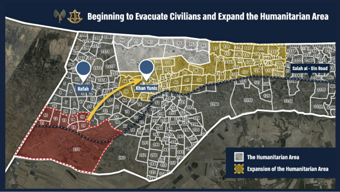 IDF har inlett evakueringen av Rafahs östra delar till en utvidgad humanitär zon. Illustration: IDF SPOKESPERSON’S UNIT