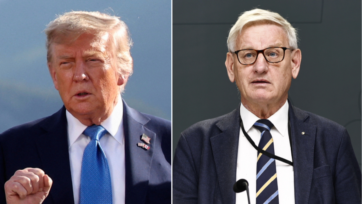 USA:s president Donald Trump och Sveriges f.d statsminister Carl Bildt. Foto: Suzanne Plunkett/Stefan Jerrevång/AP/TT