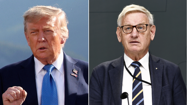 USA:s president Donald Trump och Sveriges f.d statsminister Carl Bildt. Foto: Suzanne Plunkett/Stefan Jerrevång/AP/TT