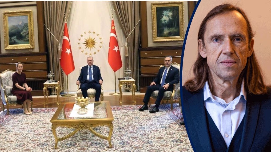Kaja Kallas, EU:s höga representant för utrikes frågor och säkerhetspolitik och EU-kommissionens vice ordförande, på audiens hos president Erdogan. Till höger Turkiets utrikesminister Hakan Fidan. Foto: Skärmavbild från X.