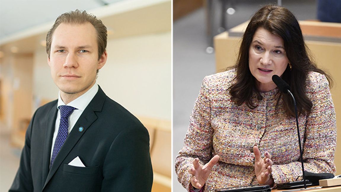 Markus Wiechel, utrikespolitisk talesperson för Sverigedemokraterna och utrikesminister Ann Linde (S). Foto: Pressbild Sverigedemokraterna och Henrik Montgomery / TT