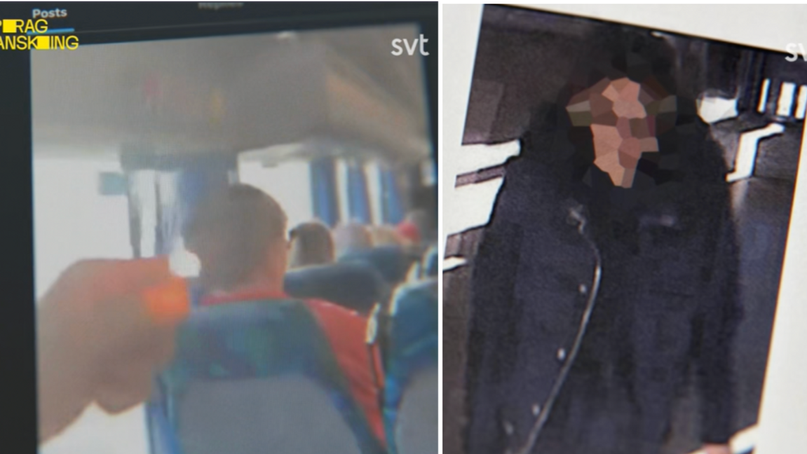 Bilder från Uppdrag Gransknings material visar eldattacken mot Egon Malmgren på bussen i Stockholm 2020, samt den misstänkte gärningsmannen. Foto: Skärmdumpar via SVT/Uppdrag Granskning