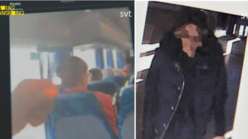 Bilder från Uppdrag Gransknings material visar eldattacken mot Egon Malmgren på bussen i Stockholm 2020, samt den misstänkte gärningsmannen. Foto: Skärmdumpar via SVT/Uppdrag Granskning