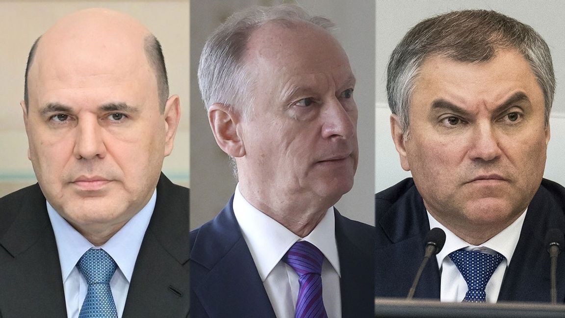 Michail Misjustin, Nikolaj Patrusjev och Vjatjeslav Volodin är de som kan ta över efter Putin om han dör eller hamnar på sjukhus och inte kan leda landet. Foto: Government.ru, Nikolai Petrov/AP/TT och Pavel Golovkin/AP/TT