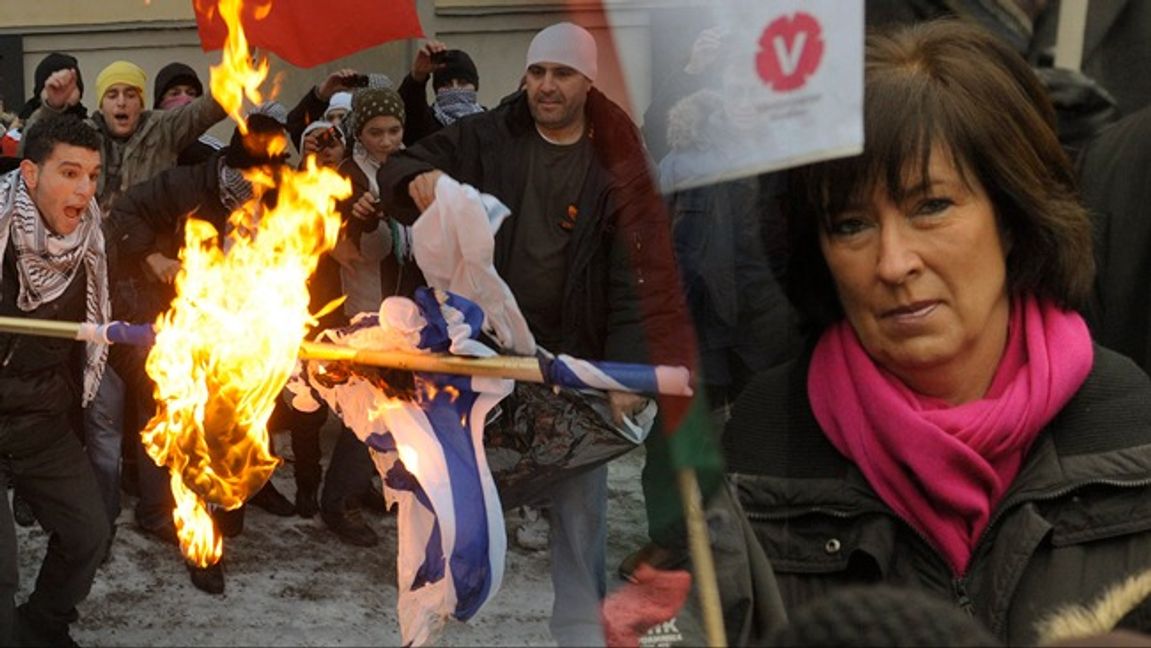 Mona Sahlin deltog 2009 i demonstration som slutade med brännandet av den israeliska flaggan vid israeliska ambassaden. Foto: Leif R Jansson/TT