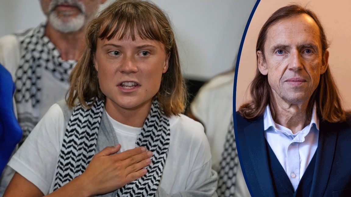 Greta Thunberg, enligt egen utsago nyss utsläppt från ett israeliskt tortyrfängelse i öknen där hon utsattes för extrema fysiska övergrepp. Foto: Caisa Rasmussen/TT