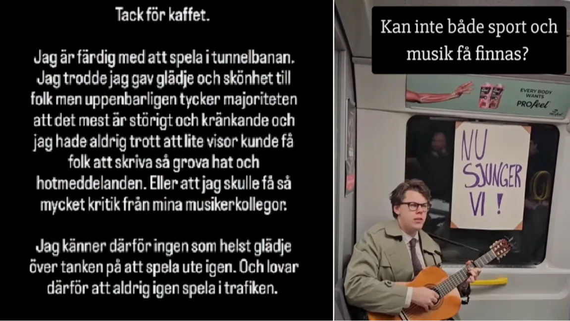 William Sundman Sääf meddelar på Instagram att han slutar spela i tunnelbanan. Foto: Skärmdump/Instagram