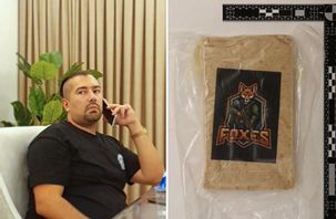 Foxtrotledaren Rawa Majid och narkotika med Foxtrotmärke. Bilder från Tullverkets förundersökning. Arkivbild. Tullverket