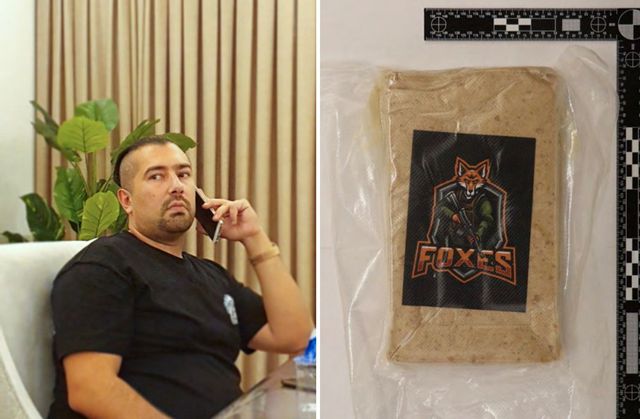 Foxtrotledaren Rawa Majid och narkotika med Foxtrotmärke. Bilder från Tullverkets förundersökning. Arkivbild. Tullverket