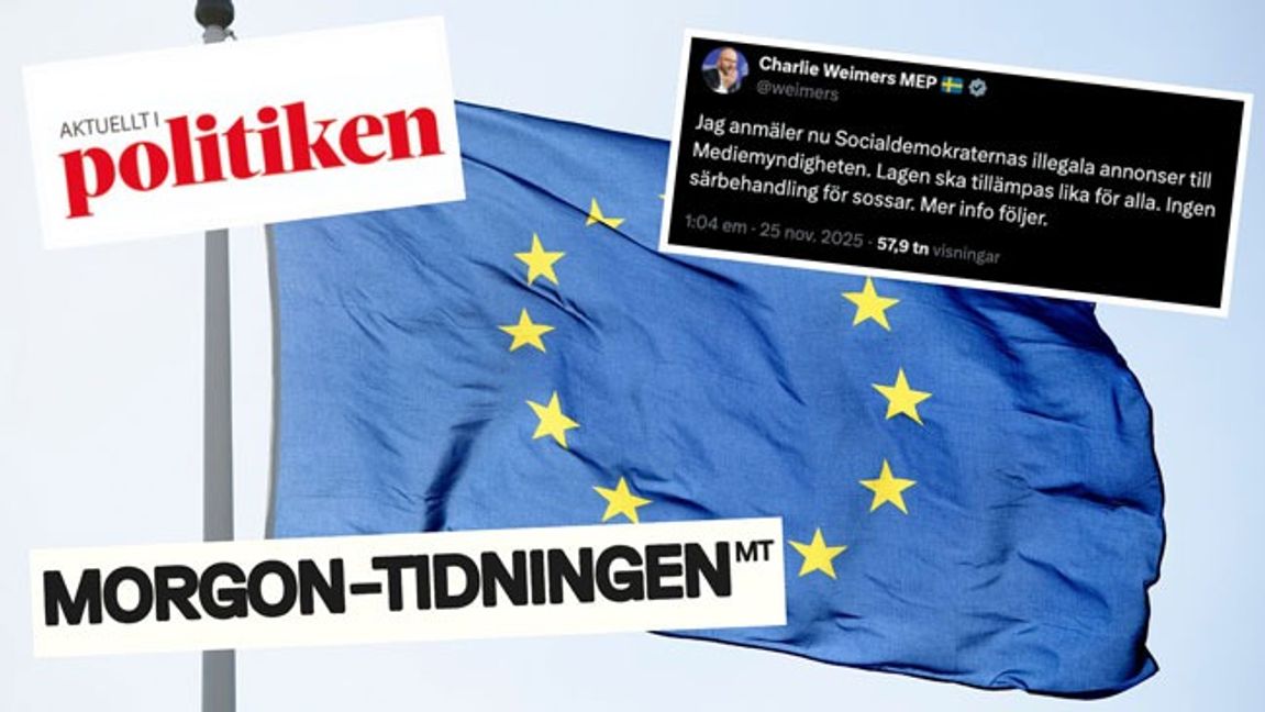 Morgon-Tidningens annonser misstänks bryta mot EU:s transparensregler. Charlie Weimers har anmält dem till Mediemyndigheten. Foto: Henrik Montgomery/TT/Skärmdumpar.