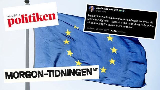 Morgon-Tidningens annonser misstänks bryta mot EU:s transparensregler. Charlie Weimers har anmält dem till Mediemyndigheten. Foto: Henrik Montgomery/TT/Skärmdumpar.