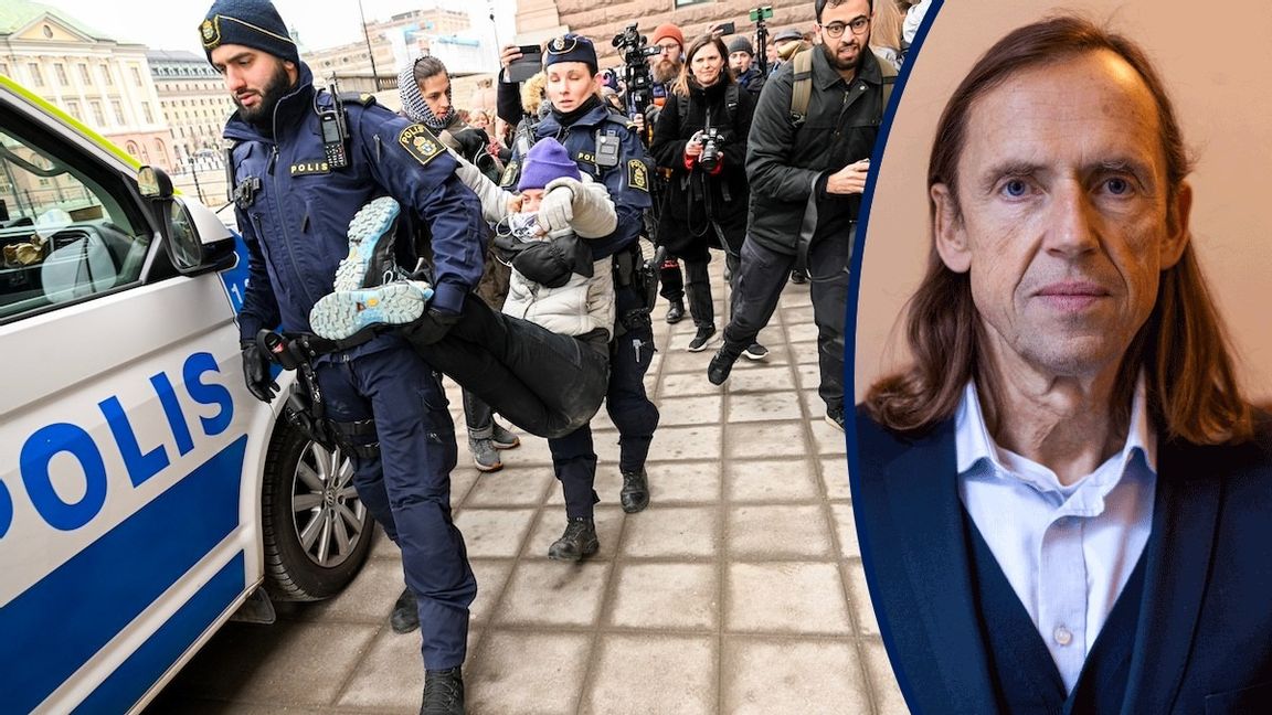 Greta Thunberg transporterar sig med hjälp av polisenergi. Foto: Fredrik Sandberg/TT