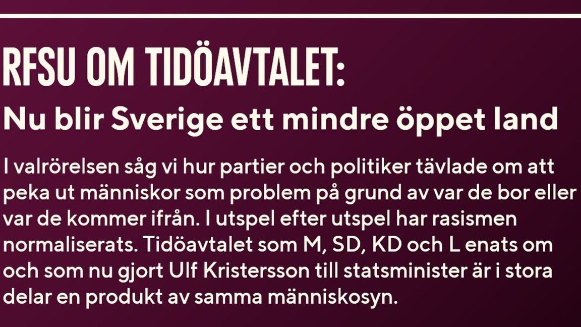 RFSU:s opolitiska kritik mot Tidöavtalet. Foto: Internet