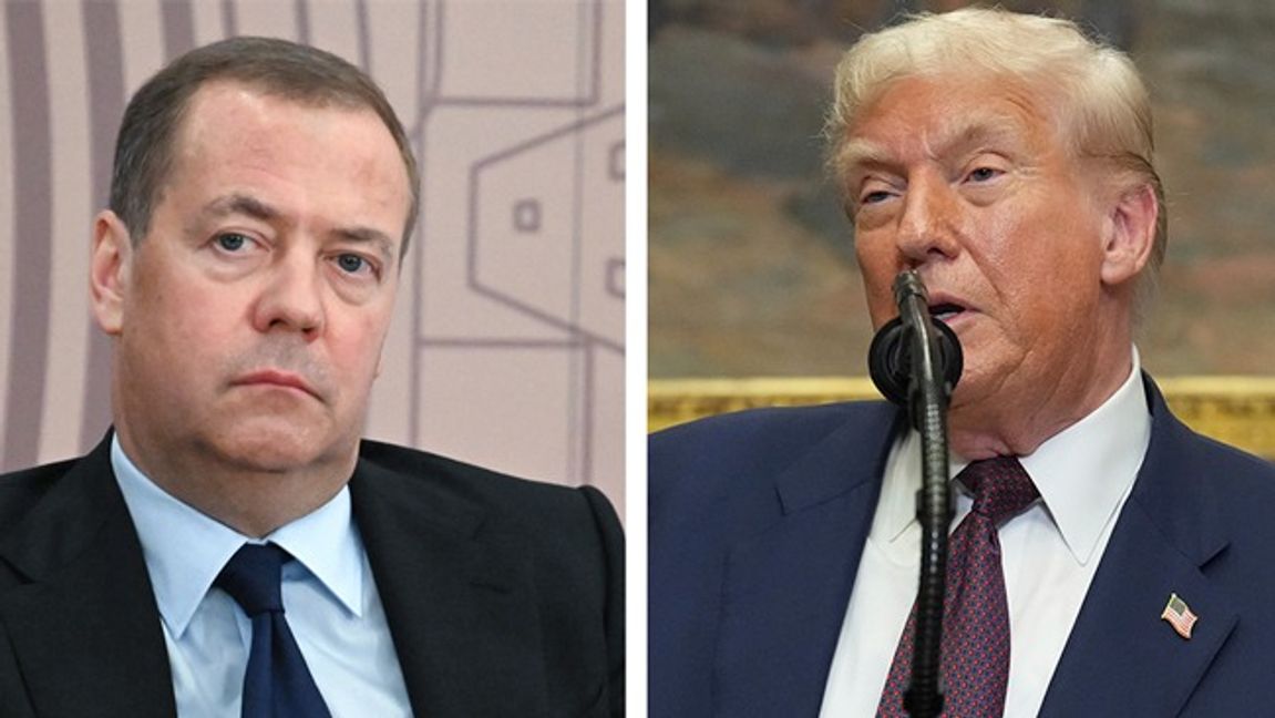 Donald Trump, till höger, beordrar nu atombåtar att flytta till lämpliga områden efter uttalanden av Rysslands Dmitrij Medvedev, till vänster. Foto: AP
