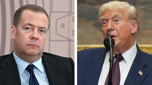 Donald Trump, till höger, beordrar nu atombåtar att flytta till lämpliga områden efter uttalanden av Rysslands Dmitrij Medvedev, till vänster. Foto: AP