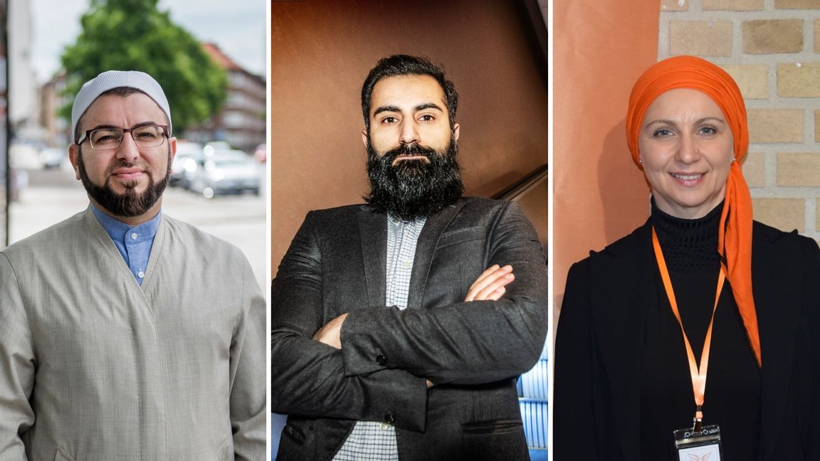 Malmöimamen Salahuddin Barakat, riksdagsledamoten Hanif Bali (M) och Adisa Hadzihalilovic, före detta familjehemssekreterare som engagerat sig i Partiet Nyans. Foto: TT/Partiet Nyans.