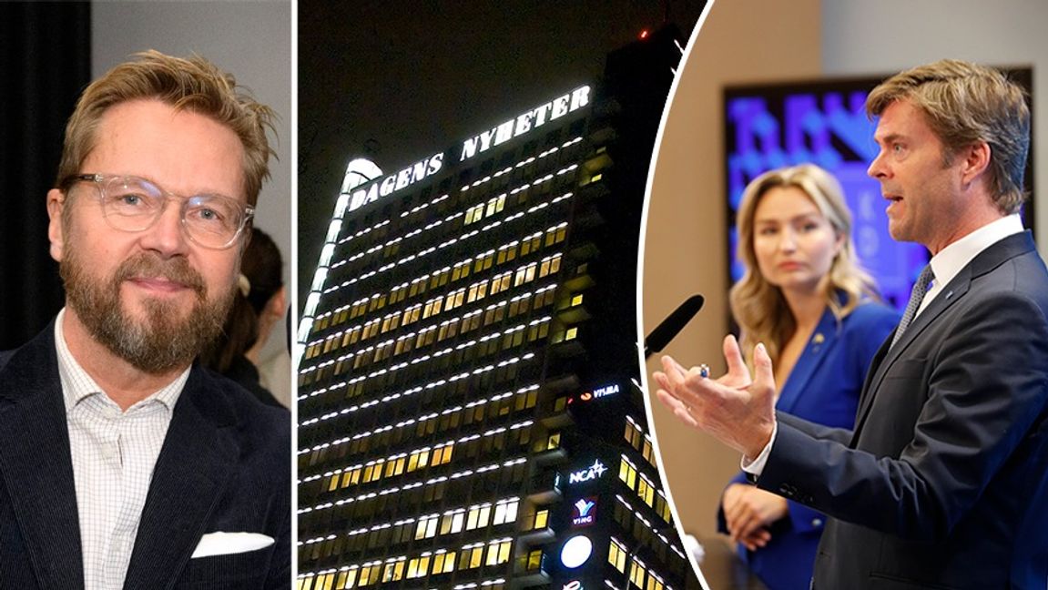 DN:s kulturchef Björn Wiman, DN-skrapan och Hans Eklind tillsammans med Ebba Busch på en pressträff 2023. Foto: Claudio Bresciani/Caisa Rasmussen/TT