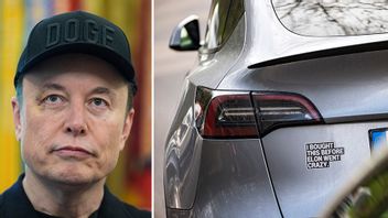Elon Musk i Vita huset och klistermärke som synts på vissa Tesla-bilar, denna på en parkering i Lund april 2025. Foto: Evan Vucci/Johan Nilsson/AP/TT