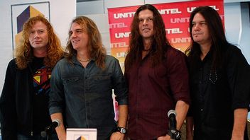 Megadeth-medlemmarna från vänster: Dave Mustaine, David Ellefson, Chris Broderick och Shawn Drover. Foto: Juan Karita/AP/TT.