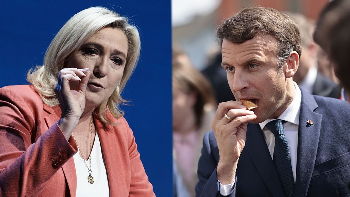 De två stora favoriterna till att nå den andra valomgången i Frankrike Marine Le Pen och Emmanuel Macron. Foto: Thibault Camus/AP/TT och Jeremias Gonzalez/AP/TT