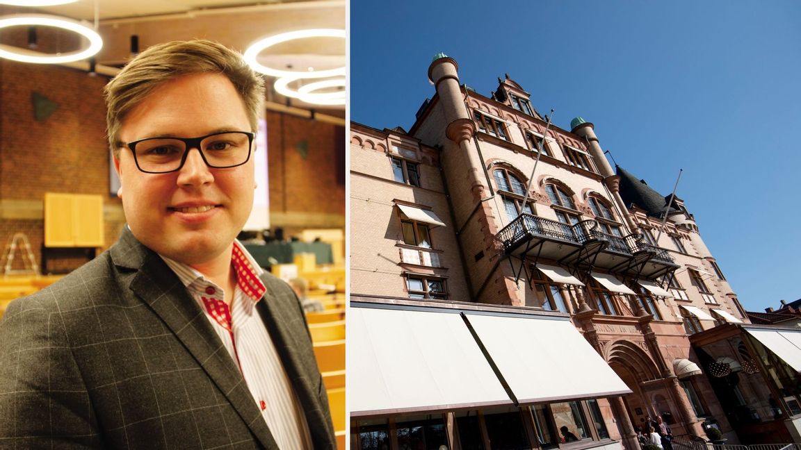 Fredrik Ljunghill (M), kommunalråd med ansvar för byggfrågor, vill bygga nya hus i klassisk stil. Till höger Grand Hotel i centrala Lund. Foto: Cecilia Åkesson/Kommunkontoret/Johan Nilsson/TT.