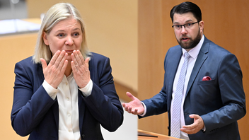 Jimmie Åkesson var hård i sin ton mot regeringens arbete under de senaste fyra åren. Foto: Jonas Ekströmer/TT