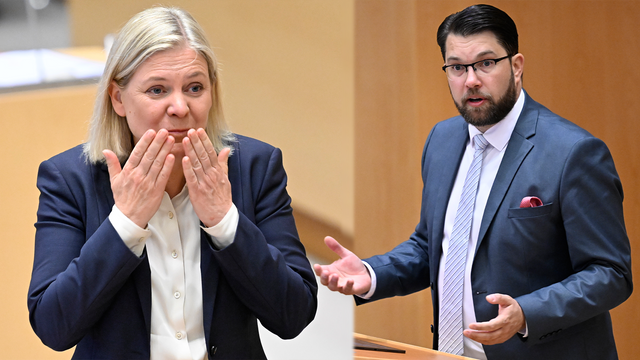 Jimmie Åkesson var hård i sin ton mot regeringens arbete under de senaste fyra åren. Foto: Jonas Ekströmer/TT