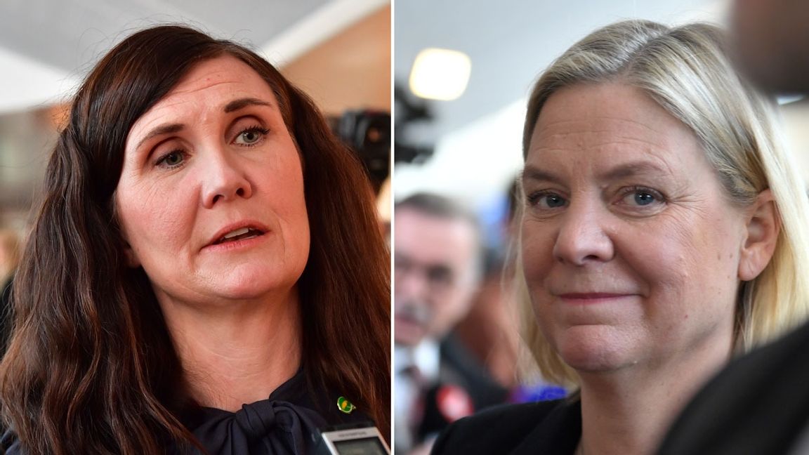 Miljöpartiets språkrör Märta Stenevi har en del att fundera på. Socialdemokraternas partiledare, statsminister Magdalena Andersson, kan jubla över uppgång i opinionen. Foto: Jonas Ekströmer/Duygu Getiren/TT