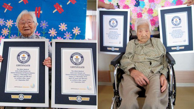 This combination of two undated photos released by Guinness World Records on Tuesday, Sept. 21, 2021, show sisters Umeno Sumiyama, left, and Koume Kodama at separate nursing homes in Shodoshima island, left, and Oita prefecture, Japan. Photo: Guinness World Records via AP/TT