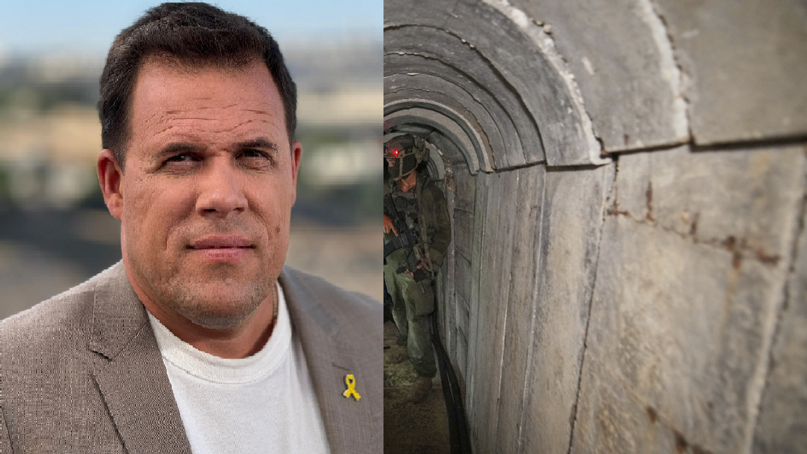 Israels försvarsmakts tidigare internationella talesperson Jonathan Conricus (Vänster). Foto: Amit Rachmian Sank. En israelisk soldat går i en tunnel under Europeiska sjukhuset i Khan Younis i södra Gaza, där militären uppger att Hamasmilitanta har haft verksamhet, söndagen den 8 juni 2025 (Höger). Foto: Ohad Zwigenberg/ AP/ TT.