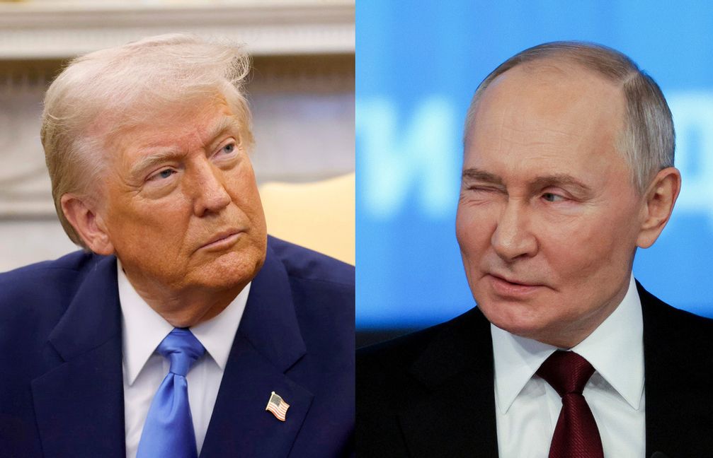 Montage på USA:s president Donald Trump och Rysslands president Vladimir Putin. AP/TT