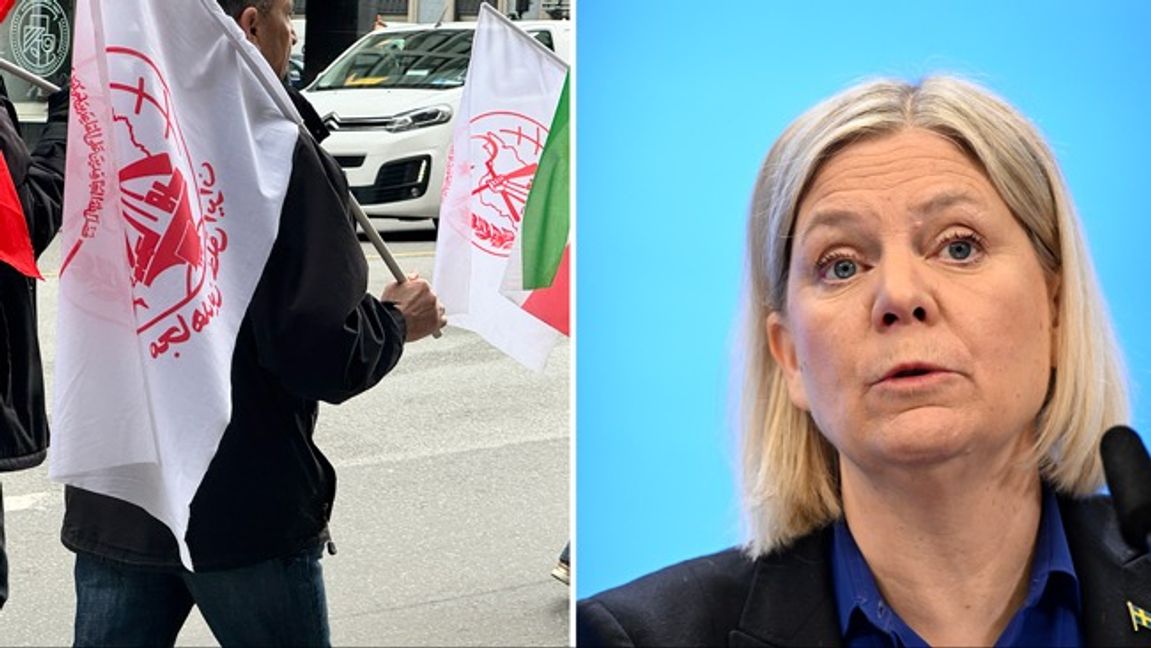 Huvudvärk för partiledaren Magdalena Andersson. I Socialdemokraternas förstamajtåg i Stockholm syntes flaggor för Folkets mujahedin, MEK. Foto: Bulletin/Pontus Lundahl/TT