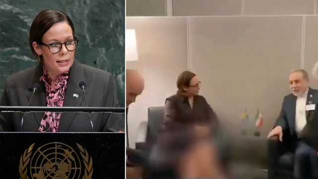 Utrikesminister Maria Malmer Stenergard (M) fick sina ben utsuddade i iransk tv. ”Hellre bara ben i New York som blurras än att bära slöja i Teheran”, säger hon. Foto: Pamela Smith/AP, skärmdump via Expressen