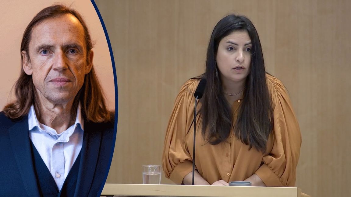 “Privat rikedom för några få har grundat för oändlig offentlig fattigdom för oss alla”, hävdade Nooshi Dadgostar i den senaste partiledardebatten. Foto: Skärmbild från riksdagen.se