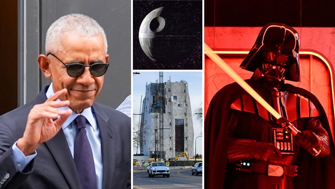 Det nya Obama-centret (nedre mitten) är inte tänkt att föra tankarna till Dödsstjärnan (övre mitten) och Darth Vader. I alla fall om man får tro en chef Obama Foundation. Foto: Lise Åserud/NTB/Evan Agostini/AP/TT/Fair Use/Wikimedia Commons (CC0)