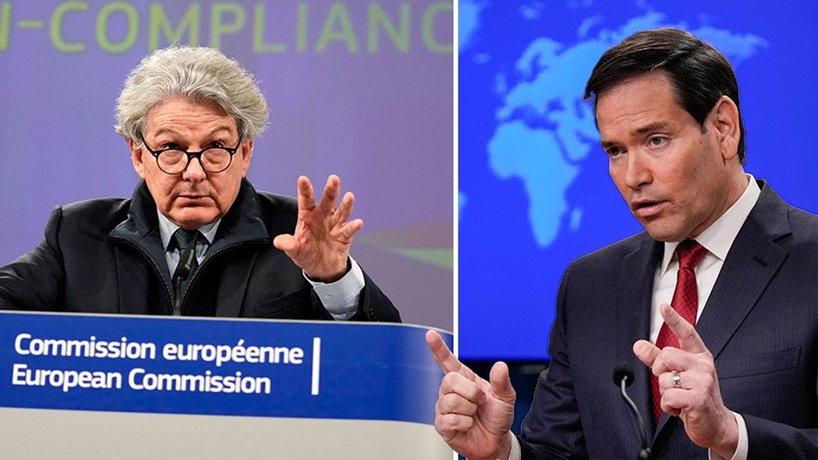 Den förre EU-kommissionären Thierry Breton och USA:s utrikesminister Marco Rubio. Foto: Virginia Mayo/Julia Demaree Nikhinson/AP/TT