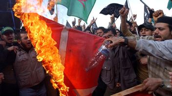 En dansk flagga bränns under en demonstration mot de danska Muhammedteckningarna i det palestinska flyktinglägret Ein-el-Hilweh i södra Libanon i februari 2006. Foto: Mohammed Zaatari/AP/TT.