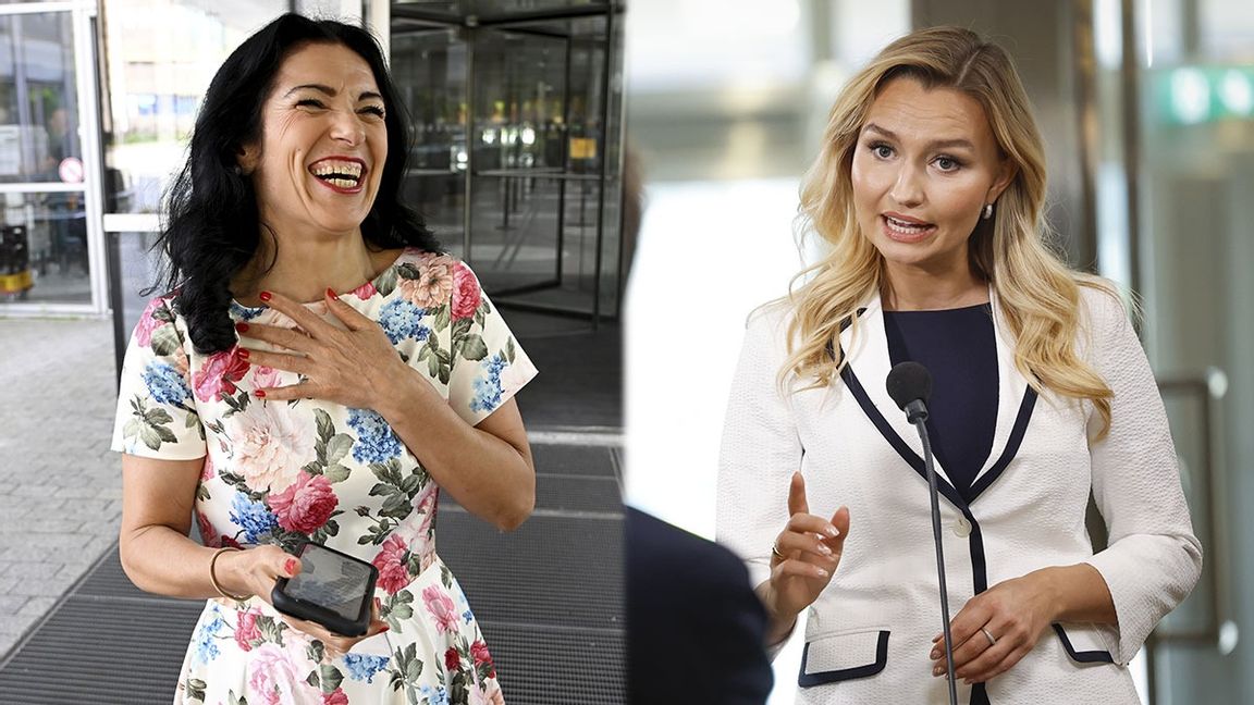 Amineh Kakabaveh, till vänster, har lovat att lägga ner sin röst i dagens misstroendeomröstning. Kristdemokraternas Ebba Busch är starkt kritisk till Socialdemokraternas avtal med Kakabaveh. Foto: Anders Wiklund/TT och Fredrik Persson/TT