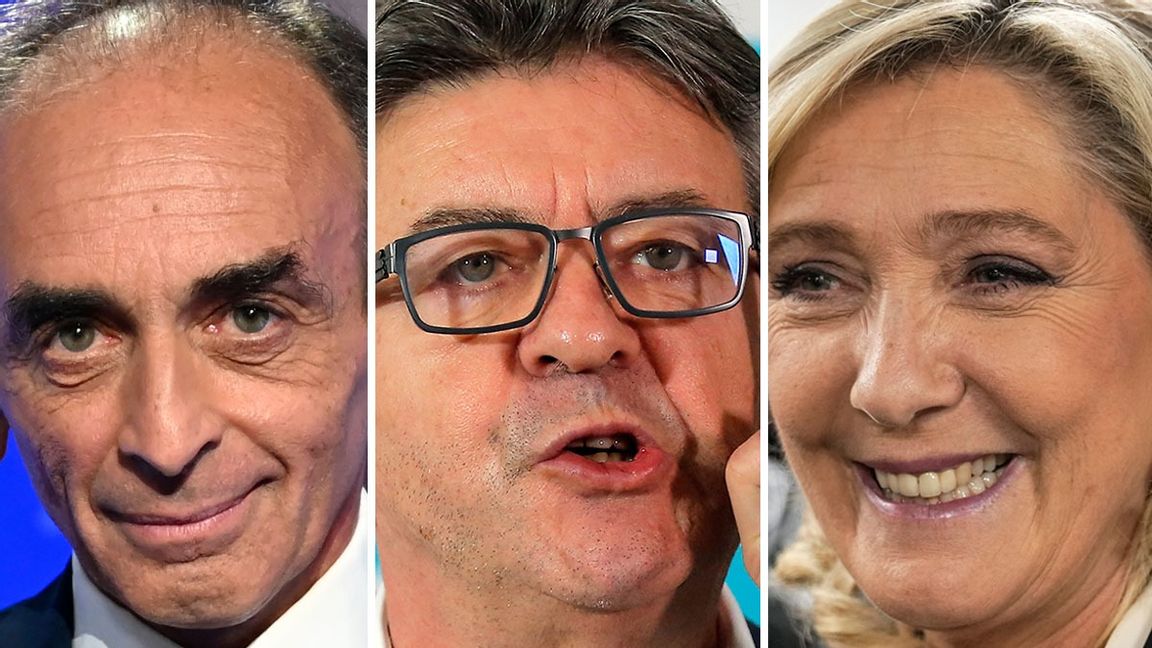 Eric Zemmour, Jean-Luc Mélenchon och Marine Le Pen. Foto: Michel Euler/Bertrand Guay/AP