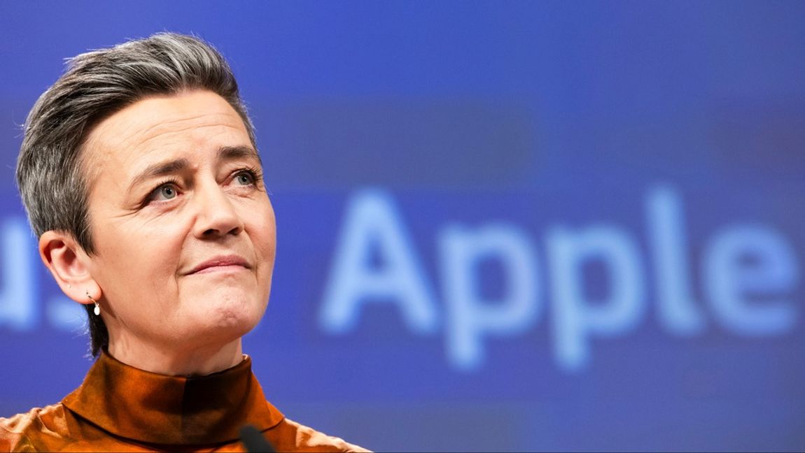 EU:s konkurrenskommissionär Margrethe Vestager på en presskonferens i måndags. Arkivbild. Foto: GEERT VANDEN WIJNGAERT/AP/TT