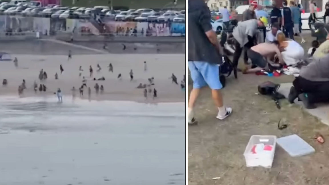 Panik och livräddningsförsök på Bondi Beach i Australien efter att beväpnade män sköt mot folkmassan. Foto: Skärmdump via Instagram