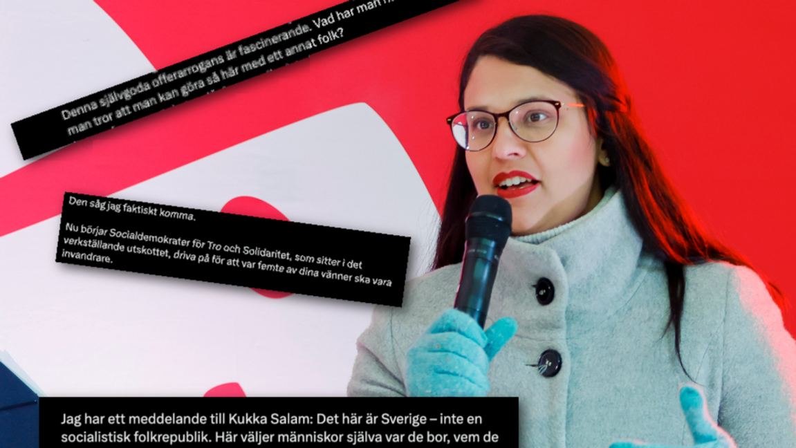 Solna-politikern Sara Kukka-Salam (S) får stark kritik för sina uttalanden om integration och vänskapsrelationer. Foto: Christine Olsson/TT och skärmdumpar via X