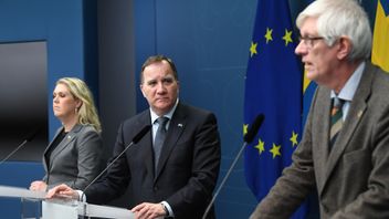 Statsminister Stefan Löfven (S) flankerad av socialminister Lena Hallengren (S) och Folkhälsomyndighetens Johan Carlsson i januari när riksdagen antagit regeringens pandemilag. Foto: Fredrik Sandberg, TT.