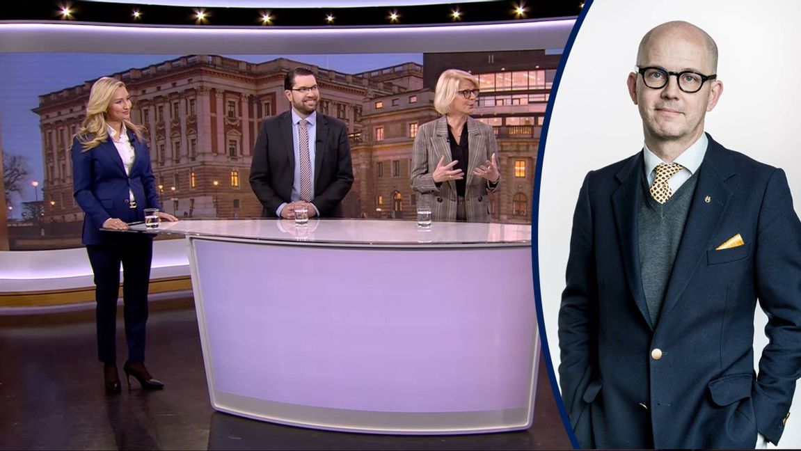 Partiledarna Ebba Busch (KD) och Jimmie Åkesson (SD) med ekonomiskpolitiska talespersonen Elisabeth Svantesson (M) i SVT:s Aktuellt. Foto: ur svtplay.se