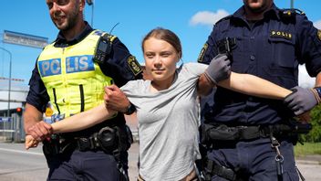 Här lyfts klimataktivisten Greta Thunberg bort av polis när hon deltagit i en klimataktion i Oljehamnen i Malmö den 24 juli. Arkivbild. Foto: Pavel Golovkin/AP
