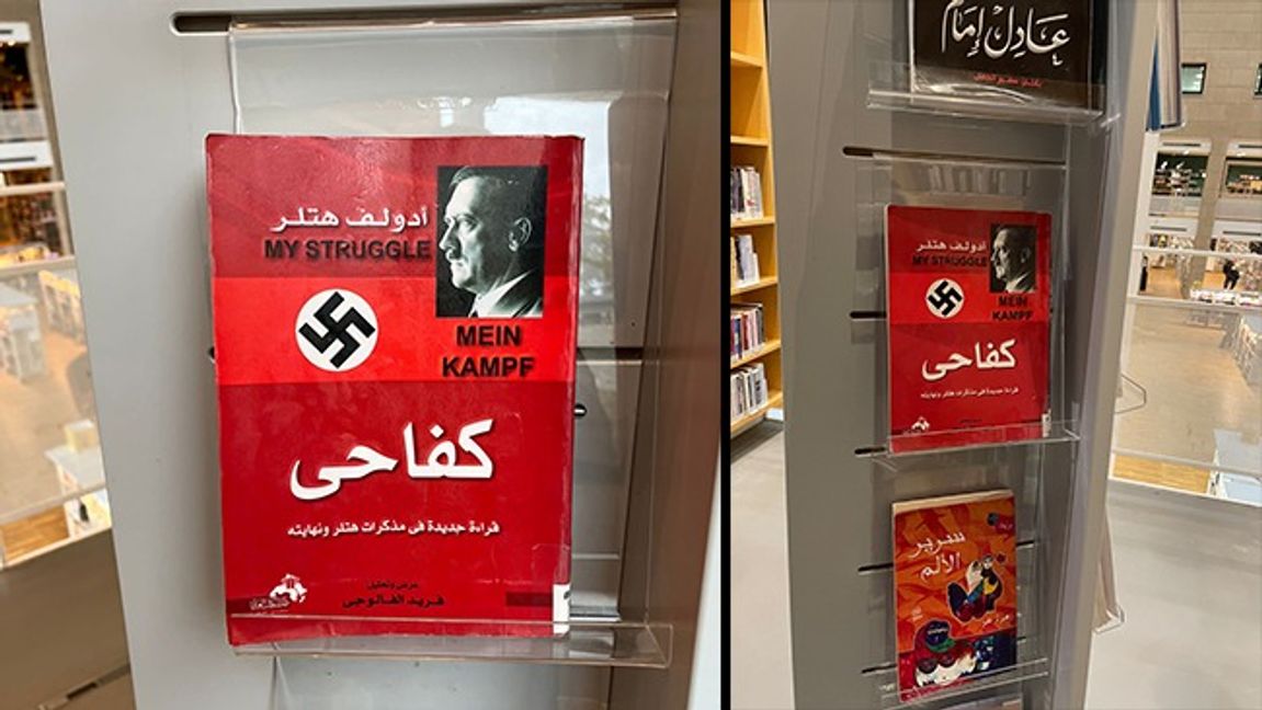 Mein Kampf på arabiska står tydligt framställd på Malmö stadsbibliotek. Foto: Läsarbild/Bulletin