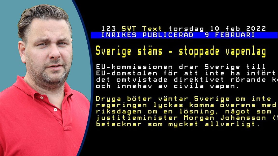 Text-tv vinklar nyheten om vapendirektivet på ett regeringsvänligt sätt, enligt krönikören. Foto: Skärmdump SvT Text