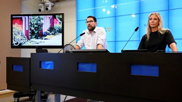 Partiledare Jimmie Åkesson och Linda Lindberg presenterar delar av partiets valmanifest. Foto: Anders Wiklund/TT 