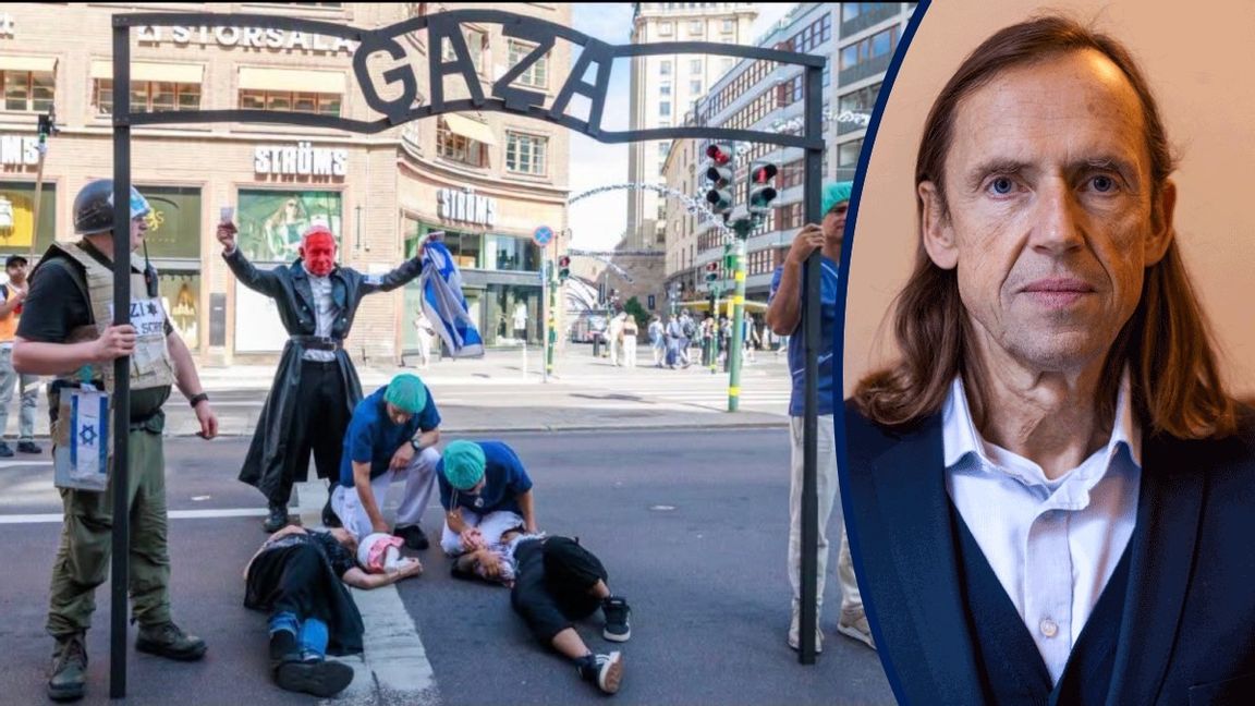 Förintelsen som kuliss för palestinska pajaskonster. Foto: Skärmavbild från X.