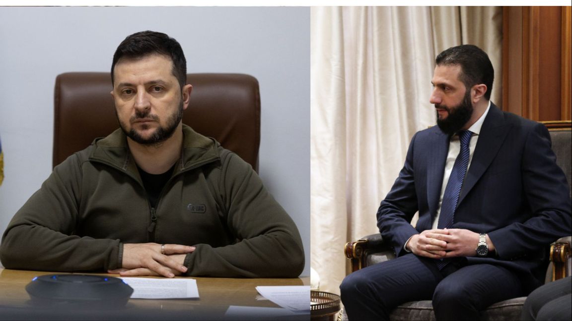 Fotocollage: Ukrainas president Volodymyr Zelenskyj håller tal för det rumänska parlamentet 4 april 2022 och Syriens interimpresident Ahmed Al-Shaara under ett möte 3 mars 2025. Foto: Wikimedia commons/Ukrainas presidentadministation och © European Union, 1998 – 2026